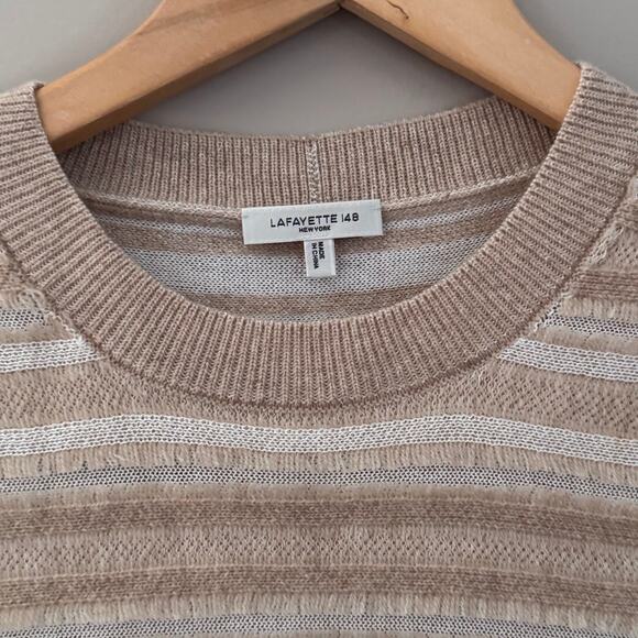 Lafayette 148 Cashmere Jacquard Fringed Short Sleeve Voile Stripe Sweater Top XS - Picture 4 of 5